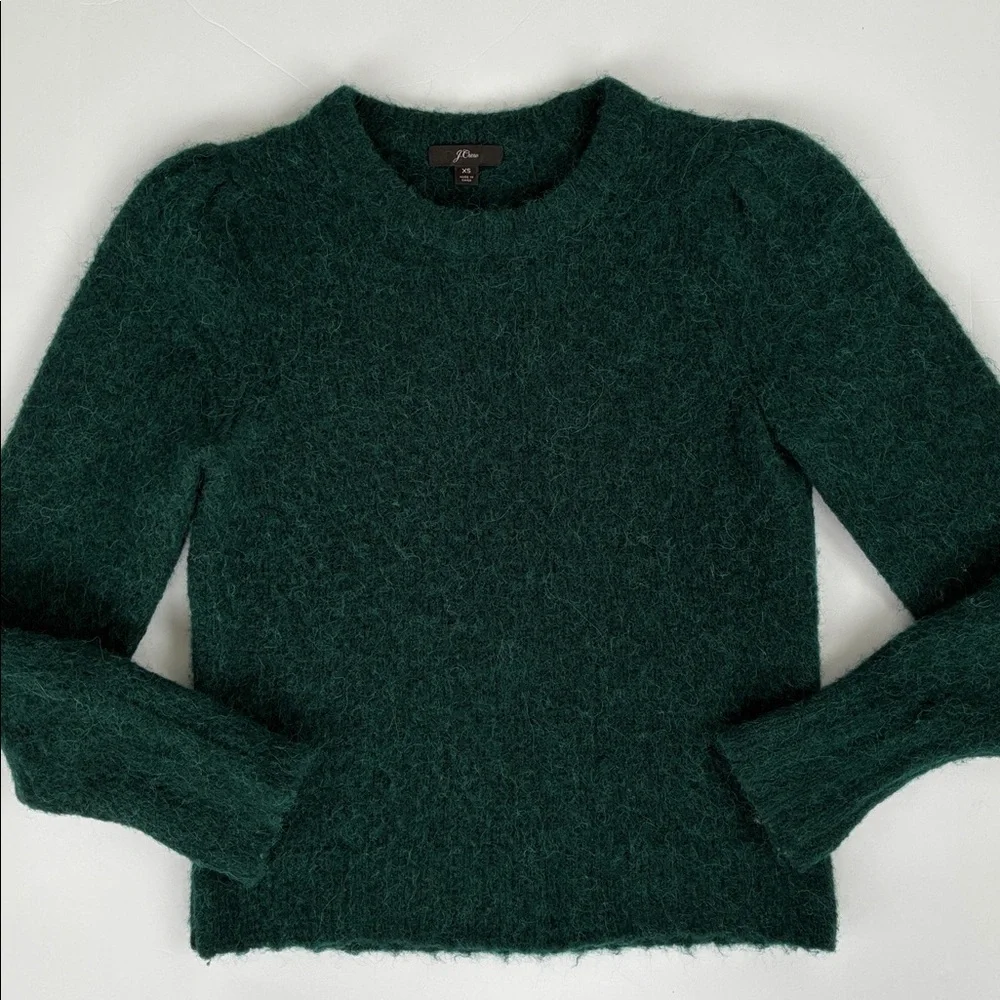 J. Crew Puff Sleeve Fuzzy Crewneck Sweater In Old Forest Alpaca Merino Blend XS